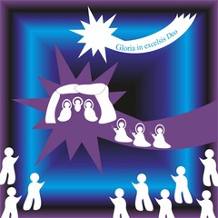Christmas nativity scene with Wishes in Latin, silhouettes in white of Three Kings with gifts, Modern people and Star of Bethlehem - abstract graphic in blue nad violet