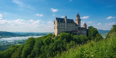 Haut Koenigsbourg castle in Alsace viewed from the surrounding landscape, heritage preservation