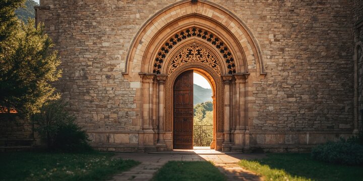 Entrance door of a church in Galicia, showcasing traditional architecture and stone craftsmanship, regional heritage preservation