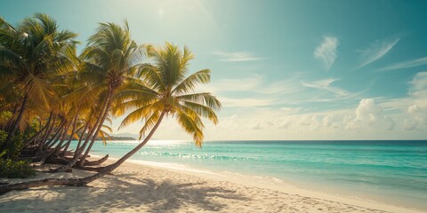 Panoramic view of a Caribbean beach with lush palms and vibrant waters, ideal for nature scenes