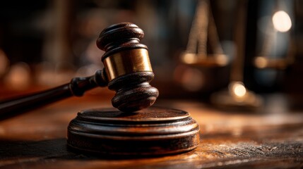 Close Up of a Wooden Gavel on a Dark Table with Blurred Scales of Justice in Background