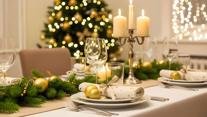 Elegant christmas dinner table setting with candles and festive decorations, bokeh lights in background