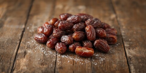 Obraz premium Juicy ripe dates arranged on rustic wooden surface, natural textures for food presentation, World Food Day