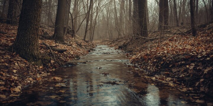 Running water amidst leaf-covered ground and bare trees, seasonal change in natural landscapes