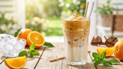 Iced dalgona coffee in a tall glass with layered coffee foam, condensation on the glass, summer refreshment theme, food photography