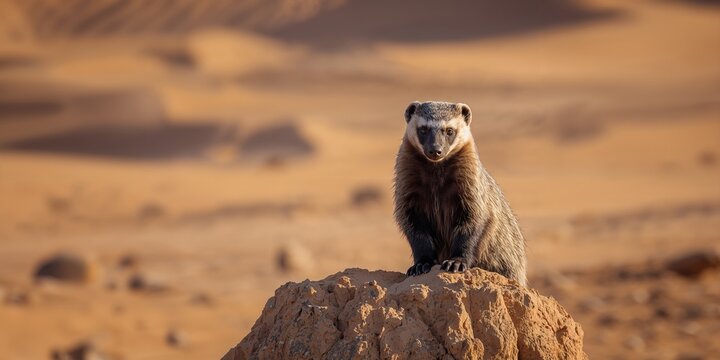 Honey badger in natural habitat with rugged terrain, wildlife resilience