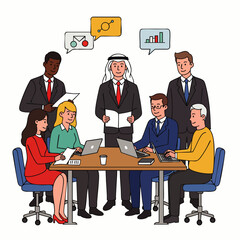 Diverse group of professionals collaborating in a modern office meeting, discussing business strategies and financial growth.