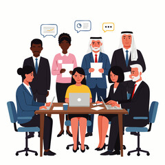 Diverse group of professionals collaborating in a modern office meeting, discussing ideas and planning strategies for business growth.