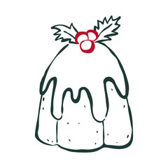 Isolated drawing Christmas cake with holy joly in retro sketch ink style. Flat vector illustration. Trendy template for card, poster, social media. Christmas concept.