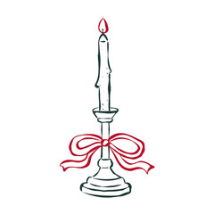 Isolated drawing candle in an elegant candlestick with bow in retro sketch ink style. Flat vector illustration. Trendy design for card, poster, social media. Christmas concept.