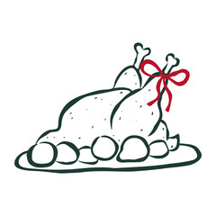 Isolated hand drawn turkey on table with bow in retro sketch ink style. Flat vector illustration. Rough edges. Modern design for card, poster, social media. Christmas concept.