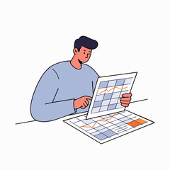 A focused man meticulously reviews a detailed calendar and financial charts, strategizing for future business growth and personal productivity.
