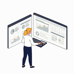 A woman analyzes financial data and charts on two computer screens using a calculator for business analytics.