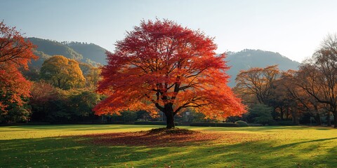 Japanese autumn scene with vibrant leaves, reflecting seasonal transition and environmental preservation
