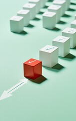 Fototapeta premium A single red cube, distinct from a line of white cubes, each with an arrow symbol, points in a different direction