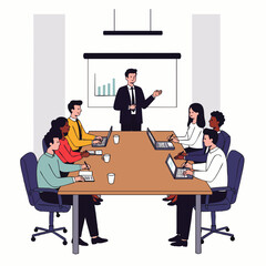 Diverse team collaborates in a modern office meeting room, discussing strategy with a presenter at the whiteboard.