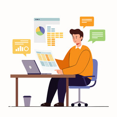 A focused business professional analyzes data charts and graphs while working on a laptop at a desk.