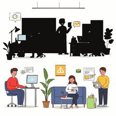 Diverse team members collaborate and work efficiently in a modern, bright office environment, fostering productivity and innovation.