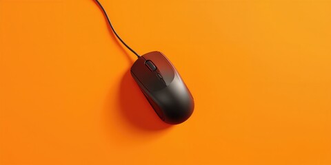 Computer mouse with cable on orange background, serving as a web design UI backdrop