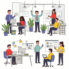 Diverse team of professionals collaborating and celebrating success in a modern, bright office environment.