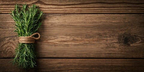 Fresh rosemary sprigs laid on weathered wood, culinary herb used for cooking, natural flavoring, organic lifestyle, Earth Day