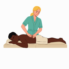 A professional therapist gives a relaxing massage to a client lying on a massage table, promoting well-being and recovery.