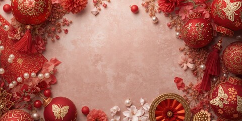 Red-colored Chinese decorative elements featuring traditional patterns symbolizing wealth and celebration, seasonal festival decor