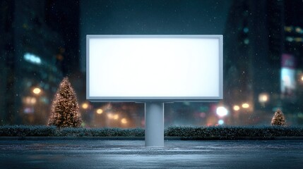 Illuminated blank billboard on a snowy city street at night, surrounded by festive christmas trees and blurred urban lights