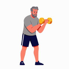 Active senior man with gray hair and beard performs bicep curls with dumbbells for strength training.