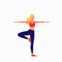 A fit blonde woman in athletic wear practices a balancing yoga pose on a white background, promoting wellness and healthy living.