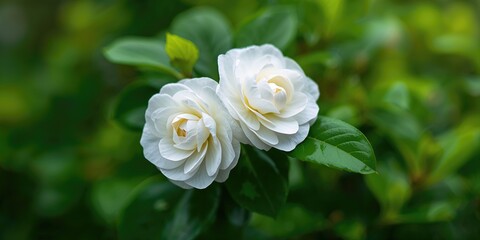 Detailed view of blooming white camellia flowers with vibrant foliage, highlighting natural floral development