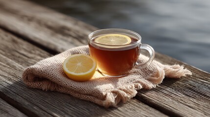 Warm cup of lemon tea and a knitted blanket on a rustic wooden deck by the water