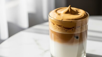Minimalist close-up of a glass of whipped dalgona coffee on a white table