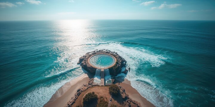 Bird's-eye perspective of Mona Vale rock pool with crashing wave, ocean setting, ideal for aquatic-themed backgrounds, Australia