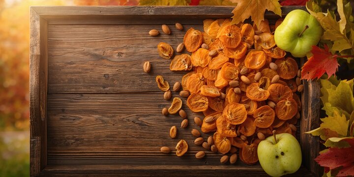 Dried apricots arranged on a wooden tray for food preservation, autumn harvest, colorful fruit display