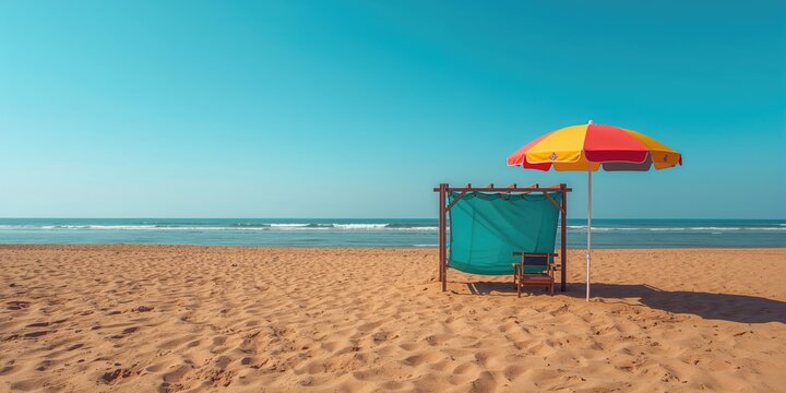 Beach umbrella and sun shelter tent on the beach, serving as a shaded spot for relaxing or picnicking, World Environment Day