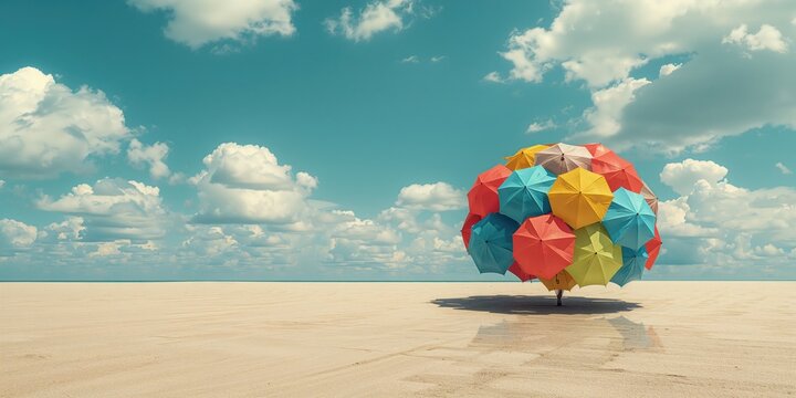Brightly colored umbrellas in yellow, red, blue, and green hues against a cloudy sky, ideal for layout backgrounds