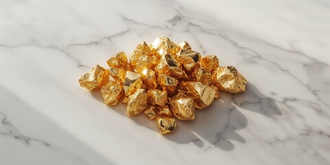 Pile of shiny gold nuggets resting on a marble slab, highlighting mineral extraction and natural textures