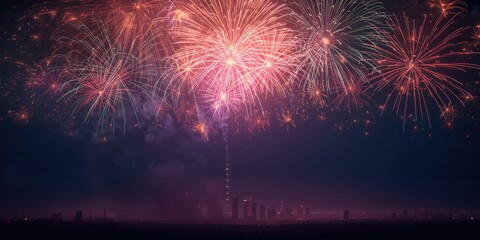 Vivid fireworks explode overhead, creating a lively atmosphere for special occasion celebrations