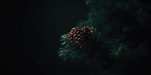 Pine cones and fir branches in a dark setting, suitable for winter holiday backdrop