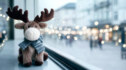 Plush reindeer toy wearing a scarf looking out from a window at blurred urban street lights, evoking a cozy holiday season