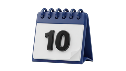 3D Render Of A Blue Desk Calendar Showing The Number Ten With A Transparent Background