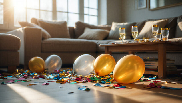 Golden and silver balloons scattered on a wooden floor with confetti and champagne glasses on a table in a cozy living room New Year&rsquo;s Day