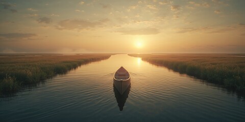 Scenic marshland with canoeing on tranquil waters at sunset, blurred background for layout and background use