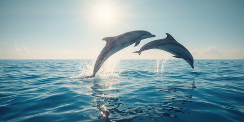 Fototapeta premium Bottlenose dolphins surfacing and leaping, highlighting marine life activity, World Oceans Day