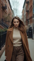 Moda urbana femenina: mujer con abrigo claro y camisa blanca en paseo citadino