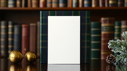 Inviting holiday scene on a desk with stacked books, a blank paper card, gold ornaments, and wintry foliage. Perfect for a cozy, festive greeting or announcement template.