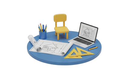 3D Render Of A Childrens Desk With Supplies Including A Laptop A Rolled Blueprint A Small Chair And Drafting Tools On A Blue Surface With A Transparent Background