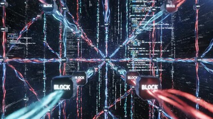 Abstract digital representation of blockchain technology with glowing blocks connected by light streams in a dark cyberspace - Powered by Adobe