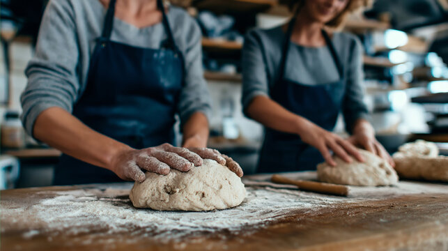 Women bakers kneading dough by hand on a floured wooden table, preparing fresh bread and pastries in a traditional bakery - Powered by Adobe